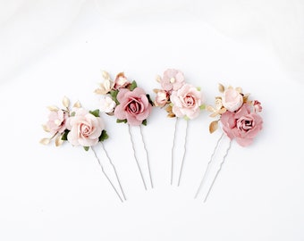 Hair pins Set of 4, Bobby pins for the Bride, Hair pins with blush roses and peonies and gold leaves. Wedding Headpiece