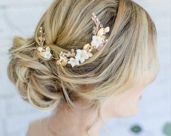Bridal Floral Headpiece Hair Vine Pearls, Blooms and Leaves in gold and ivory Wedding Hair Accessory Wedding flower hair vine