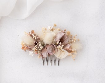 Dried flowers headpiece, bridal hair comb with dusty brown and ivory flowers. Dried baby's breath headpiece for boho and rustic weddings