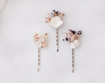 Bridal hair pins, wedding headpiece, floral bobby pins, Boho hair flowers with roses and dried baby's breath in blush pink and purple