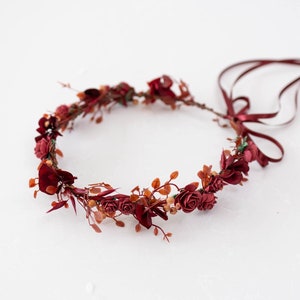 Red flower crown with roses and dried flowers. Bridal flower hair wreath, fairy crown, wedding headband,  meadow headpiece in burnt red