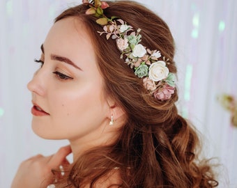 Couronne de fleurs de mariée roses poussiéreuses, rougissements, fleurs mauves Souffle de bébé, roses et verts. Coiffe de mariage Boho Rustic Hair Wreath