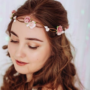 Bridal Flower Crown - dusty pink, blush flowers. Boho wedding headpiece. Rustic hair accessory for bridal shower and gender reveal party
