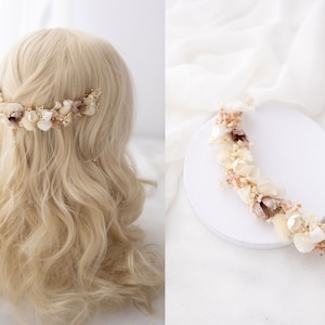 Dried flowers headpiece, bridal hair vine with dusty brown and ivory flowers. Dried baby&#39;s breath headpiece for boho and rustic weddings
