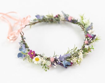 Colorful Flower Crown for Garden Weddings. Romantic wedding floral crown with lavender, daisies, wildflowers. Meadow Style Hair Wreath
