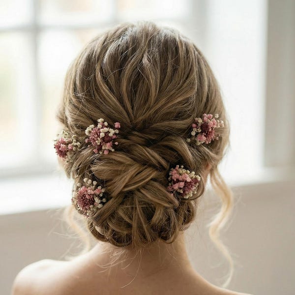 Bridal hair pins with dried flowers, baby's breath in dusty pink. Rustic wedding headpiece, bobby pins with preserved flowers I Fabiana