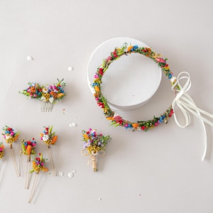 Colorful flower crown, headpiece and boutonniere with dried flowers, babys breath and daisies. Bridal flower hair wreath, fairy crown
