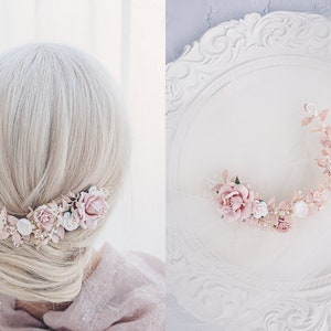 Bridal Hair Vine with blush roses, dried baby&#39;s breath,ruskus leaves. Boho Rustic wedding Headpiece blush pink. Vintage inspired crown