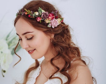 Couronne de fleurs de mariage, coiffe de mariée, diadème de couronne de cheveux, fleurs de cheveux de mariée, bandeau d'accessoires pour cheveux de mariage, marsala, bordeaux, orange