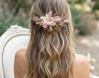 Peineta bohemia con flores secas. Tocado romántico para bodas. Adorno rústico para el cabello en tonos tierra. Peineta Boho Bonnie.