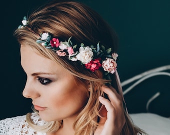 Hochzeit Blumenkranz Braut Haarschmuck Haarkranz mit Blumen, Beeren, Schleierkraut, Eukalyptus Oktoberfest Haarranke, Boho Rustik Haarblüten