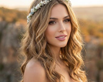 Hair wreath with dried flowers. White and green bridal flower crown.