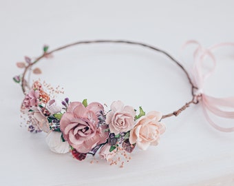 Bridal Flower Crown dusty pink, blush, mauve flowers Baby's breath, roses and greenaries. Wedding Headpiece Boho Rustic Hair Wreath