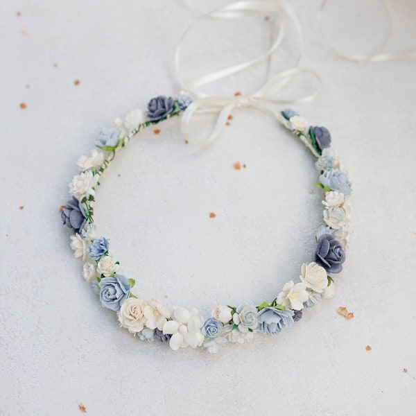 Dusty blue flower crown. Bridal headpiece, hair wreath, fairy crown, wedding hair accessories. Boho headband with roses in blue and ivory