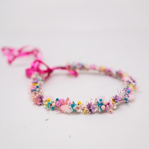 Colorfull flower crown with dried flowers. Bridal flower hair wreath, pink fairy crown, wedding headband,  meadow headpiece
