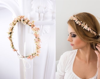 Aliento del bebé de la corona de flores, tocado de novia, corona de pelo, corona de hadas, diadema de accesorios para el cabello de la boda en rosa rubor y crema