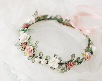 Boho flower crown. Bridal headpiece, hair wreath, fairy crown, wedding hair accessories. Flower girl crown in dusty pink, blush pink, ivory