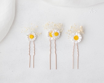 Bridal hair pins with dasies and dried baby's breath. Wedding headpiece, floral bobby pins, hair pins with chamomile and preserved flowers