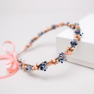 Blue and Blush pink hair wreath with dried flowers. Bridal flower crown, baby&#39;s breath fairy crown, wedding headband, meadow headpiece, halo
