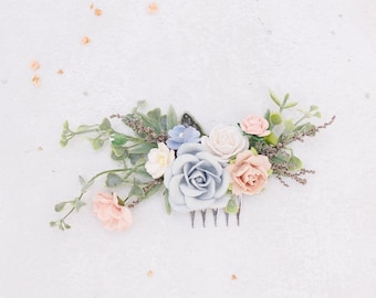Light blue and blush pink bridal hair comb with roses, eucalyptus and dried flowers. Romantic Boho headpiece.Wedding hair flowers dusty blue