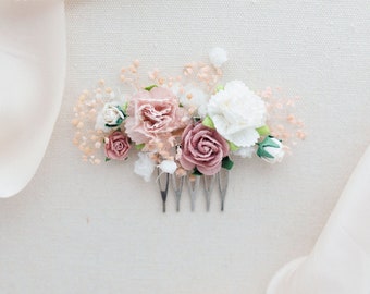 Pettine per capelli da sposa con fiori avorio e rosa antico e alito di bambino essiccato. Copricapo da sposa Boho. Accessorio per capelli da damigella d'onore