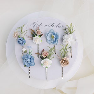 Boho bridal hair pins, wedding headpiece with blue and beige flowers, floral bobby pins in neutral colors
