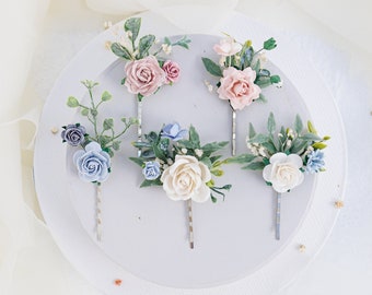 Blue and dusty pink bridal hair pins, wedding headpiece, floral bobby pins, Boho hair flowers with roses, eucalyptus and dried baby's breath