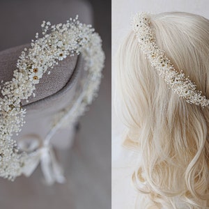 Bridal hair wreath with dried flowers. Flower crown with baby&#39;s breath. Floral headpiece with preserved flowers. Wedding crown in ivory