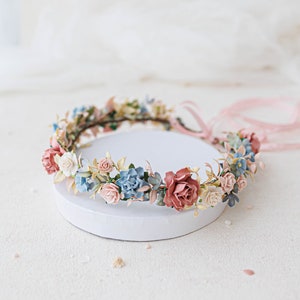 Flower crown with blue, blush and dusty pink flowers. Bridal headpiece, flower hair wreath, flower girl fairy crown, boho wedding headband