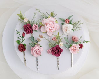 Braut Blumen Haarnadel mit Rosen und Eukalyptus. Hochzeit Brauthaarschmuck, Haarblüten burgund, altrosa, rosé, Blüten Haarspangen