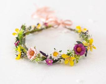 Woodland Flowers Crown – Summer Hair Wreath with Wildflowers – Meadowy Headpiece for Weddings, Festivals, and Photoshoots, Bridal Halo