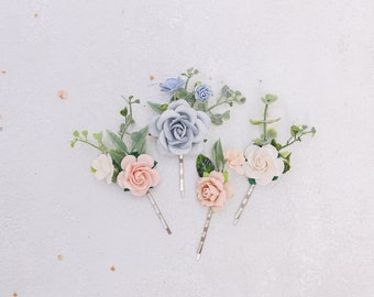 Bridal hair pins in ivory, blush pink, dusty blue. Wedding headpiece, floral bobby pins, hair pins with flowers, eucalyptus, foliage