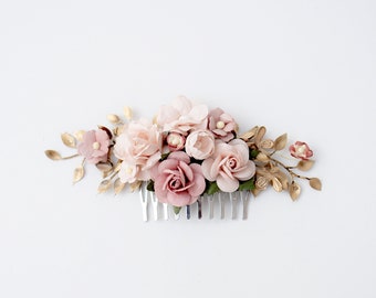 Bridal hair comb in rose, dusty pink and gold.  Boho Wedding Headpiece Bridesmaid Hair Flowers with Roses and greenery