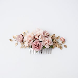 Bridal hair comb in rose, dusty pink and gold.  Boho Wedding Headpiece Bridesmaid Hair Flowers with Roses and greenery