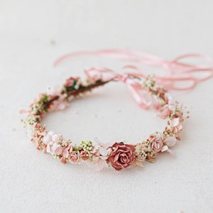 Dried flowers hair wreath with blush pink flowers and preserved hydrangea. Bridal headpiece, flower crown, pale pink fairy crown