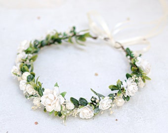 Flower Crown for brides with white and ivory flowers, roses, eucalyptus leaves, pearls, dried Baby's Breath,green leaves. Wedding headpiece