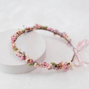 Colorful flower crown with dried flowers and lavender. Bridal flower hair wreath, pink fairy crown, wedding headband,  meadow headpiece