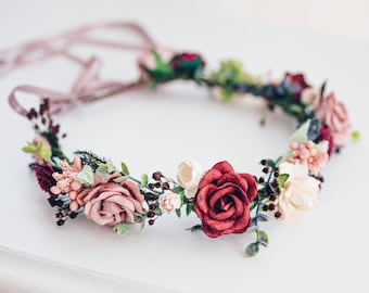 Bridal Flower Crown burgundy, mauve and dusty pink. Hair wreath with ruskus and eucalyptus leaves. Boho Rustic Wedding Hair Accessories
