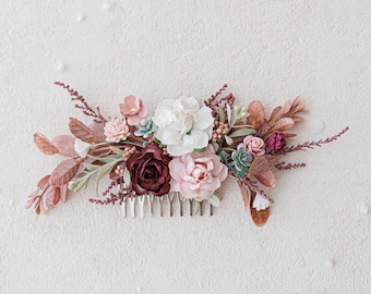 Blush bridal hair comb. Hair flowers, romantic bridal accessories, wedding hair comb blush, burgundy and dusty rose flowers. Boho headpiece