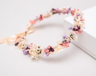Dried flower crown with baby's breath and hydrangea. Dusty pink bridal headpiece, flower hair wreath, preserved flowers fairy crown,halo