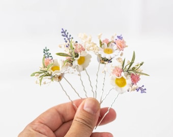 Horquillas de novia con margaritas, lavanda y paniculata seca. Tocado de boda de verano, horquillas florales, horquillas de colores.