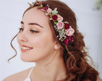 Bridal Flower Crown burgundy, blush and dusty pink. Hair wreath with ruskus and eucalyptus leaves. Boho Rustic Wedding Hair Accessories