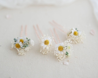 Bridal hair pins with dasies and dried baby's breath. Wedding headpiece, floral bobby pins, hair pins with chamomile and preserved flowers