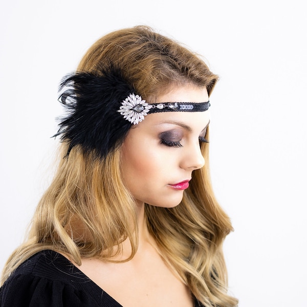 1920s Vintage inspired headpiece with Feathers. Art deco Headband. Bohemian hair piece. Great Gatsby flapper. Bohemian look