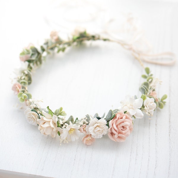 Bridal Flower Crown - light pink, champagne, ivory, blush. Wedding Headpiece Boho Rustic Hair Wreath with Baby's breath, eucalyptus leaves