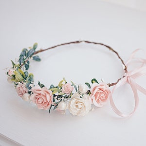 Bridal flower crown with eaycaliptus leaves and blush pink roses, dried Baby's Breath. Wedding headpiece, flower girl hair wreath