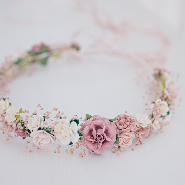 Flower Crown Baby's Breath, Bruidshoofddeksel, Haarkrans, Fairy Crown, Bruiloft Haaraccessoires Hoofdband in stoffig roze, mauve, roos, blozen