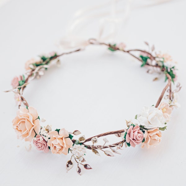 Couronne de fleurs bohème. Coiffe de mariée, couronne de cheveux, couronne de fée, accessoires de cheveux de mariage. Serre-tête rose pâle, pêche pâle, ivoire