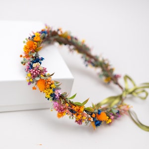 Corona de flores secas de colores - Corona para el cabello de novia - Corona floral para el cabello perfecta para bodas y ocasiones especiales - Colores amarillo y naranja