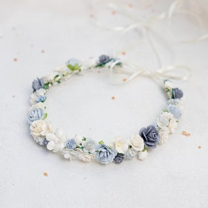 Dusty blue flower crown. Bridal headpiece, hair wreath, fairy crown, wedding hair accessories. Boho headband with roses in blue and ivory